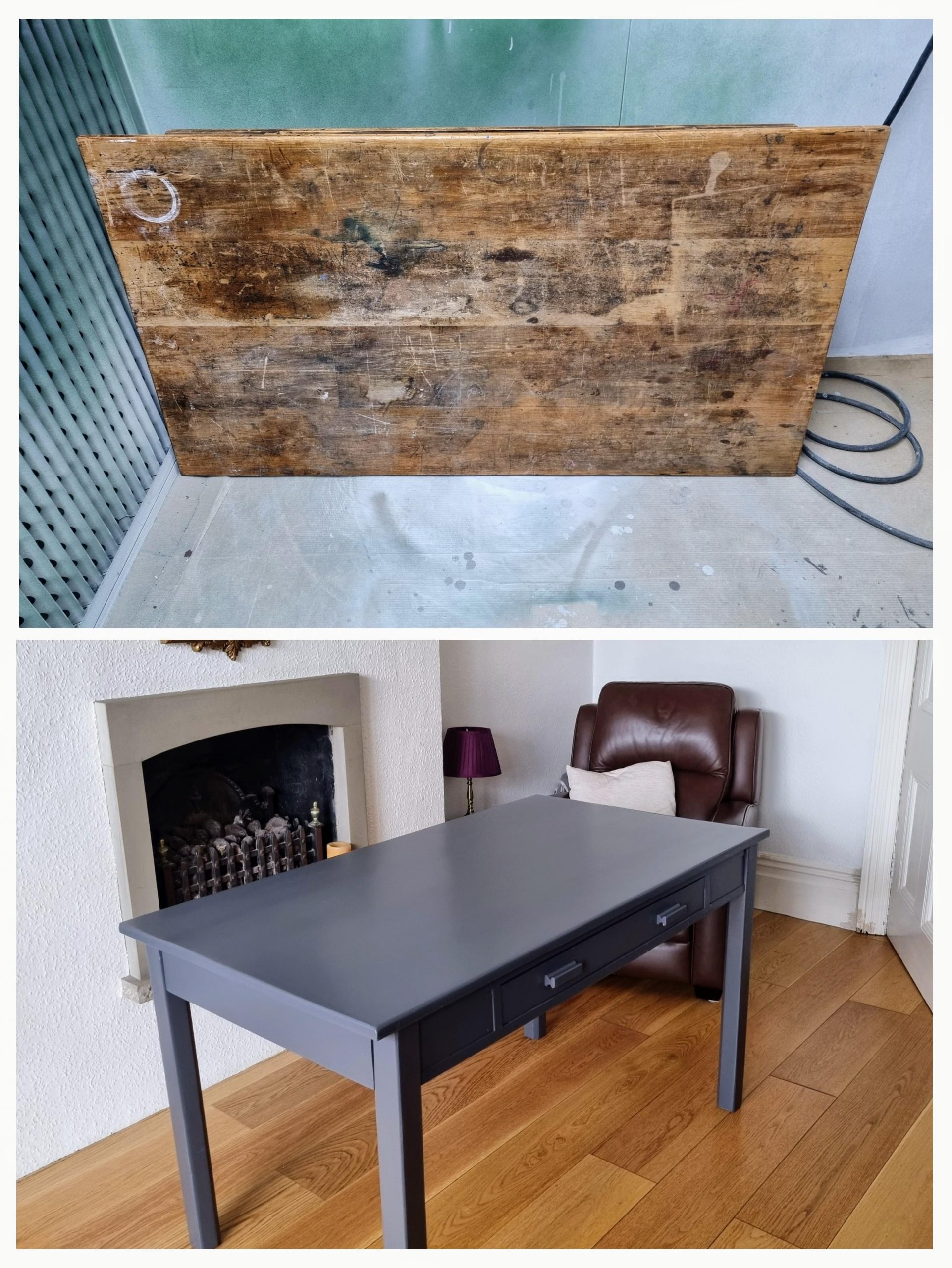 Old damaged wooden table spray painted in Slate Grey